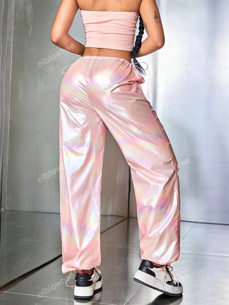 Women's Metal Color Cinched Waist And Ankles Cargo Parachute Pants