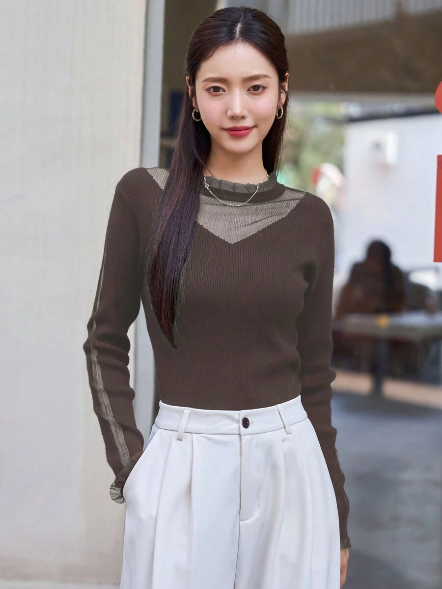 DAZY Đánh giá áo len dài tay cổ cao ôm vừa vặn, quần áo mùa thu - màu nâu - Xem 1