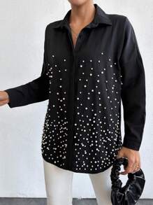 RueChic Loose-fitting Casual Shirt With Beaded Drop Shoulder Sleeve Detail - Black - View 2