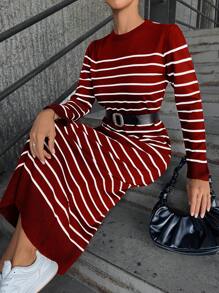 Cloudara Striped Long Sleeve Round Neck Sweater Dress - Red - View 5