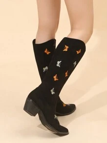 Styleloop 時尚刺繡蝴蝶粗跟及膝靴子適合女士 - 黑色 - 查看 4