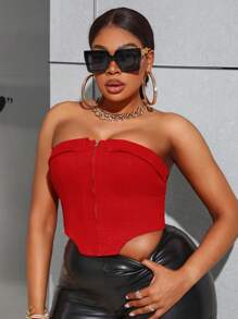 SHEIN SXY Kích thước lớn Denim Áo không dây Đối với phụ nữ , Lễ tạ ơn - Đỏ - Xem 2