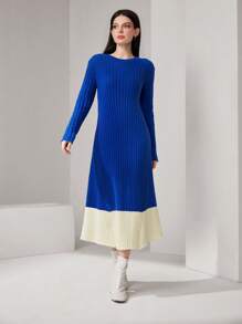 Seusyu Của phụ nữ Màu tương phản Sọc Đầm Áo len - Xanh và trắng - Xem 4