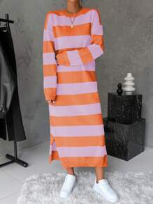 SHEIN Essnce 下垂肩條紋毛衣連衣裙,側面開衩 - 彩色 - 查看 1