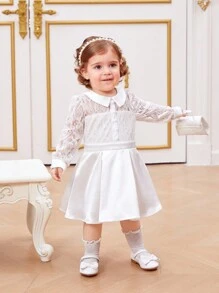 SHEIN Baby Girls' Elegant Lace Spliced Satin Long Sleeve Peter Pan Collar Dress Party Outfit - White - View 1