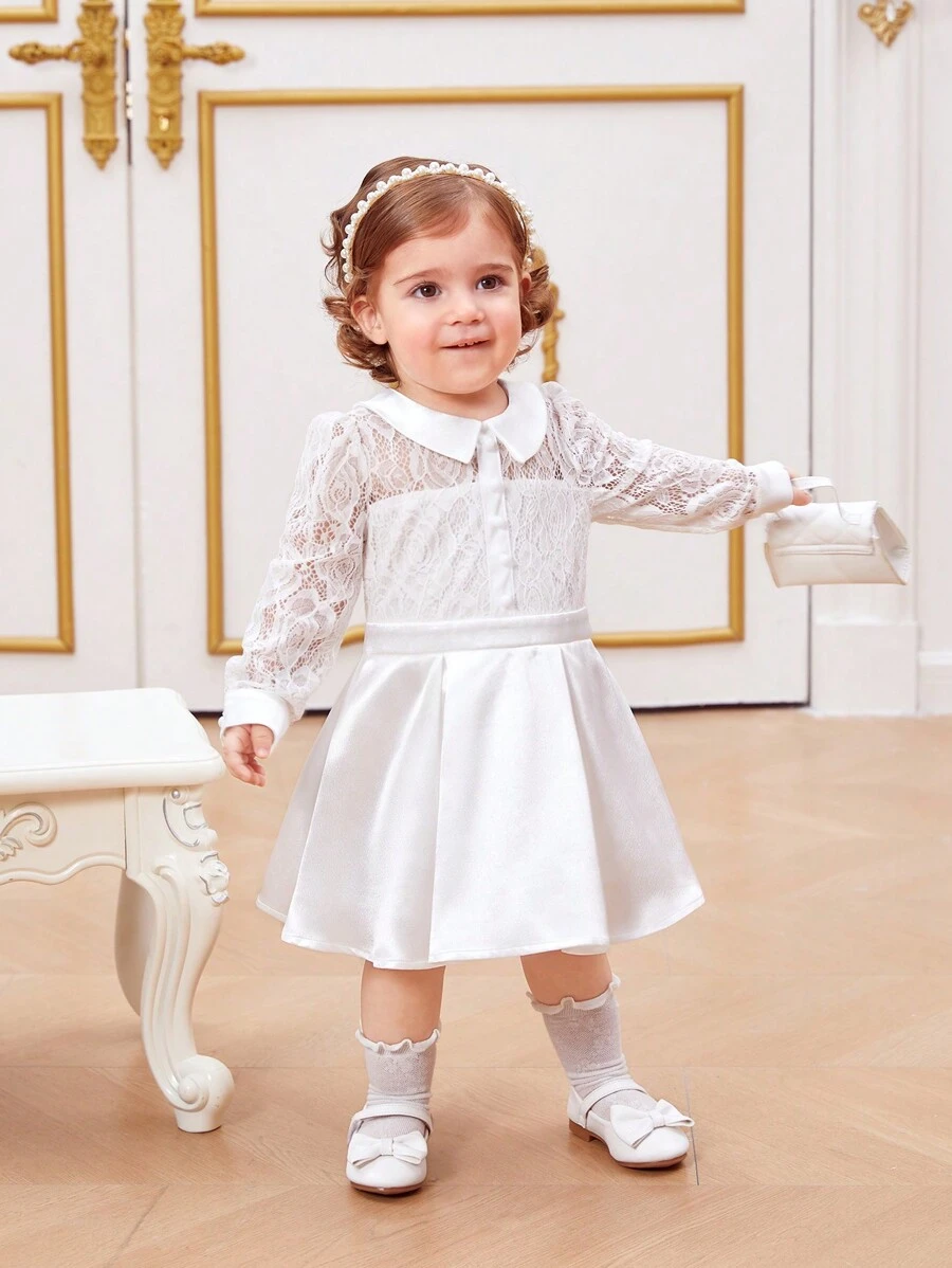 SHEIN Baby Girls' Elegant Lace Spliced Satin Long Sleeve Peter Pan Collar Dress Party Outfit - White - View 1