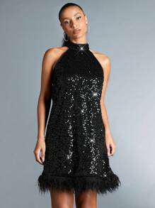 SHEIN BAE Của phụ nữ Frayed Hem Lấp lánh Halter Neck Đầm - màu đen - Xem 1