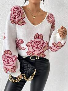 SHEIN Frenchy Floral Pattern V-neck Sweater Pullover - Pink - View 3