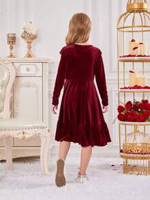 SHEIN 少女针织纯色天鹅绒连衣裙，带荷叶边和圆领 - 酒紅色 - 查看 2