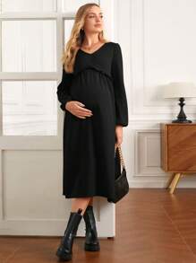 SHEIN Maternity Solid Color Lantern Sleeve Dress With Frill Hem - Black - View 1