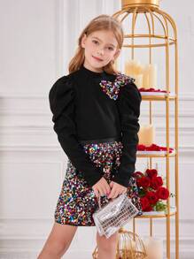 SHEIN Áo Sơ Mi Tay Gigot Cổ Đứng Dệt Chắc Chắn Tween Girl Kèm Bộ Váy Dệt Sáng Bóng, Trang Phục Phù Hợp Với Mẹ Và Tôi - Nhiều màu - Xem 6