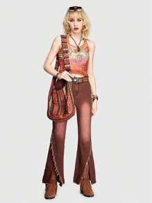 ROMWE Hippie 女士磨邊開叉喇叭牛仔褲 - 咖啡棕 - 查看 3