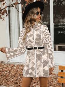 SHEIN LUNE 幾何印花高領落肩袖毛衣連衣裙 - 卡其色 - 查看 3