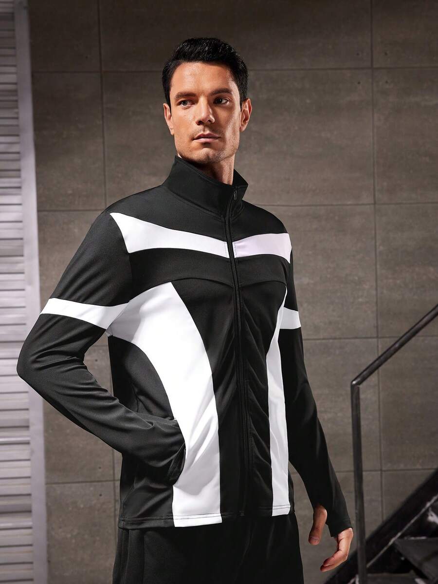 Manfinity Sport Streetwear Áo khoác thể thao phối màu cho nam - Đen và trắng - Xem 1