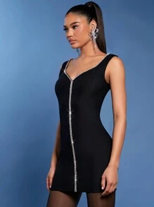 SHEIN Unity Rhinestone Trim Sleeveless Elegant Bodycon Dress - Black - View 6