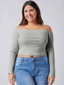 SHEIN BASICS 女款純色露肩長袖 T 卹 - 灰色 - 查看 4