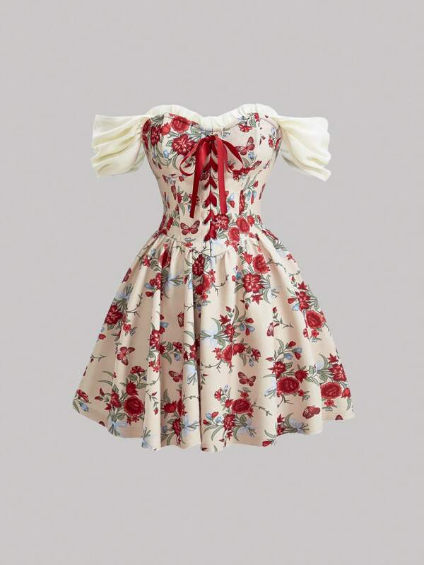 SHEIN MOD Vestido De Hombro Frio Para Mujer Con Estampado Floral, Lazo Y Dobladillo Con Volantes