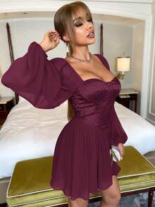 D&M Dệt hoa Vá lại Chiffon Lỏng lẻo Hem Tay áo dài Đầm tiệc rượu - Màu đỏ tím - Xem 3