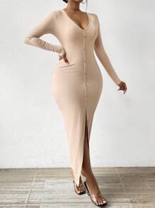SHEIN Essnce Women's V-neck Slim Fit Button Front Slit Hem Dress - Apricot - View 6