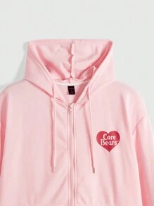 ROMWE X Care Bears Letter Heart Print Zip Front Hoodie - Pink - View 4