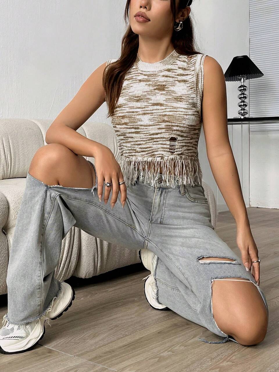 Fringed Knitted Top With Cut-out Design