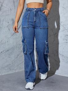 Flap Pocket Side Cargo Jeans - Medium Wash - View 3