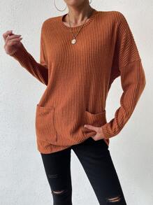 SHEIN Essnce 女式寬鬆落肩羅紋 T 卹 - 咖啡棕 - 查看 7