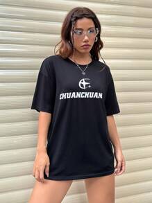 SHEIN Unity Của phụ nữ Lá thư In Ngắn tay Áo thun - màu đen - Xem 5