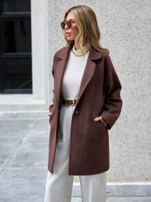 EURMUSE 女式純色羊毛外套,有翻領領口 - 棕色 - 查看 6