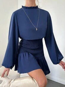 RueChic Vestido De Manga Lanterna Com Detalhe De Franzido E Bainha Com Babado Para Mulheres - Azul Real - Ver 6