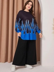 Mulvari Plus Size Flame Pattern T-shirt And Pants Set - Multicolor - View 3