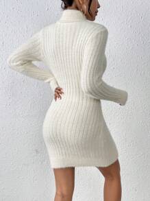 SHEIN Frenchy 高領長袖毛衣連衣裙 - 米色 - 查看 2