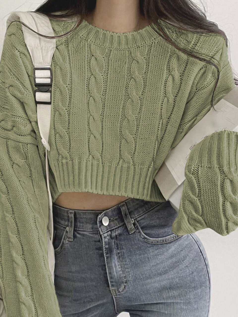 Women's Sage Green Round Neck Pullover Knitted Sweater,Autumn Casual Late Fall Three Quarter Sleeve Loose Drop Shoulder School Back-To-School Tops