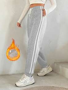 Muchica 撞色飾邊側條紋抽繩腰部慢跑褲 - 灰色 - 查看 3