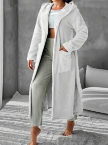 RueChic Hooded Robe With Belt And Pockets For Home Wear - White - View 5