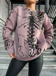 EURMUSE Skeleton Print Drop Shoulder Sweatshirt - Grey - View 4