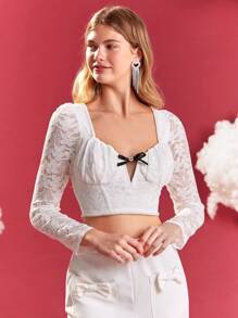 Enchnt Women's Lace Patchwork Cropped Top With Sweetheart Neckline - White - View 4