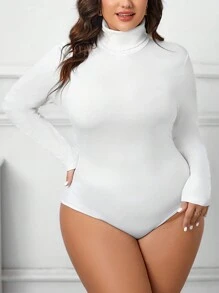 SHEIN Essnce Plus Size High Neck High Elasticity Bodysuit - أبيض - مشاهدة 1