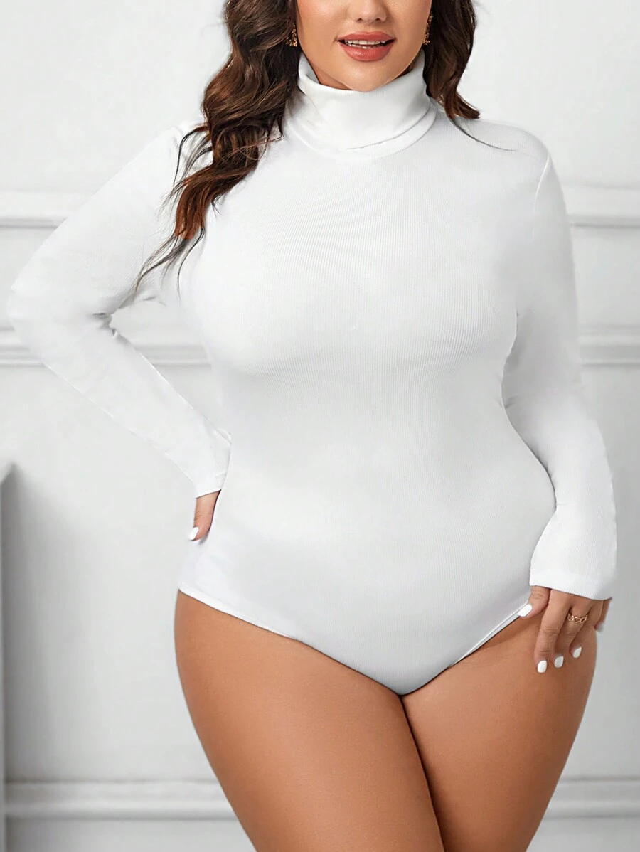 SHEIN Essnce Plus Size High Neck High Elasticity Bodysuit - أبيض - مشاهدة 1
