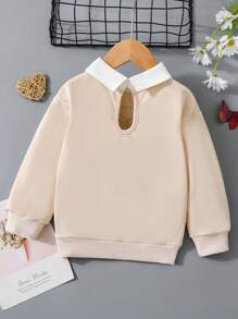 SHEIN 年輕女孩蝴蝶標語印花彩色拼接領口套頭衫 - 杏色 - 查看 2