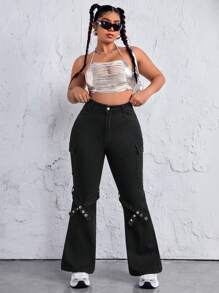 SHEIN ICON Women's Plus Size Flap Pockets Flare Jeans - Black - View 5