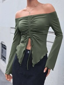 SHEIN Essnce Drawstring Detail Asymmetric Hem Off Shoulder T-shirt - Army Green - View 1