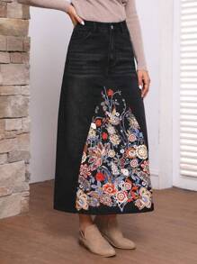 SHEIN LUNE 女士花卉印花牛仔裙 - 黑色 - 查看 3