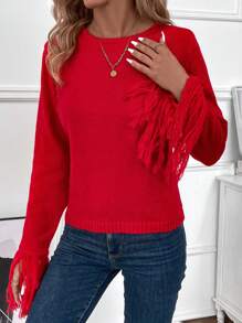 SHEIN LUNE Của phụ nữ Tua Cổ tay áo Áo len - Đỏ - Xem 6