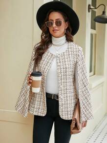 SHEIN Frenchy Fashionable Plaid Cape Woolen Coat - Apricot - View 5