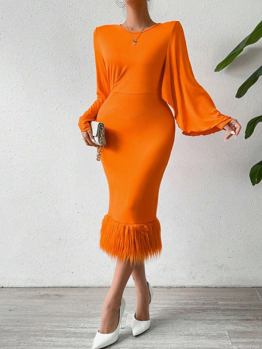 SHEIN Privé Vestido De Cuello Redondo De Manga Larga Con Hendidura Para Mujeres, De Color Sólido Y Parches - Naranja Quemada - Ver 1