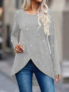 EMERY ROSE 女款長袖 T 卹,搭配裹身下擺和串珠細節 - 灰色 - 查看 5