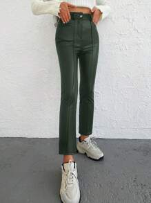 EURMUSE PU Leather Cropped Pants - Green - View 3