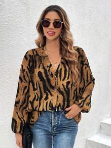 SHEIN Clasi Tiger Striped Print Lantern Sleeve Blouse - Multicolor - View 5