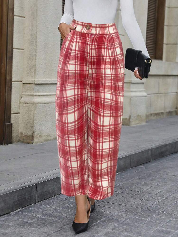 Women's Plaid Print Wide Leg Pants With Slanted Pockets Fall Cloth For Women